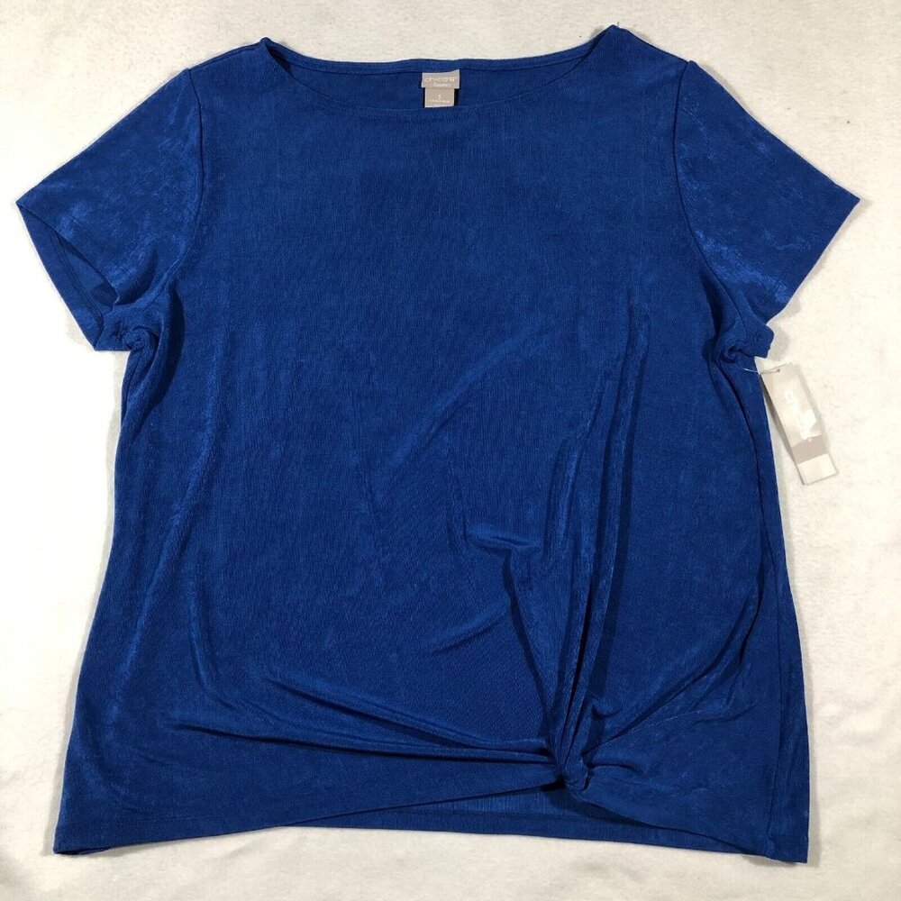 Chico's Top Womens 3 XL 16 Travelers Short Sleeve Front Tuck Blue NEW $90